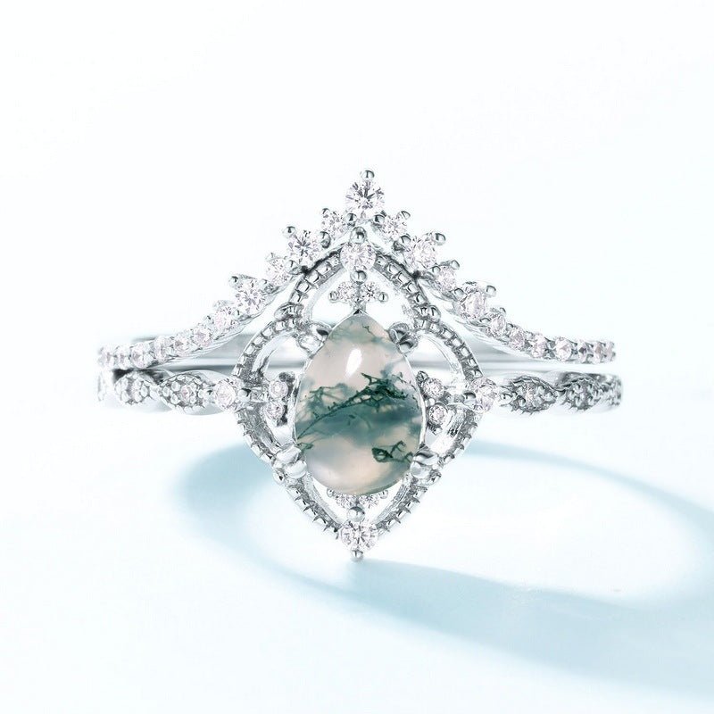 Silver Pear-shaped Green Moss Agate Ring Set Wedding Gift for Her