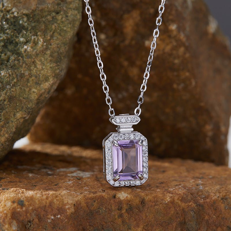 Silver Perfume Bottle Amethyst Necklace, Delicate Sterling Silver Amethyst Stone Pendant, Natural Amethyst Birthstone Jewelry, Gift for Her