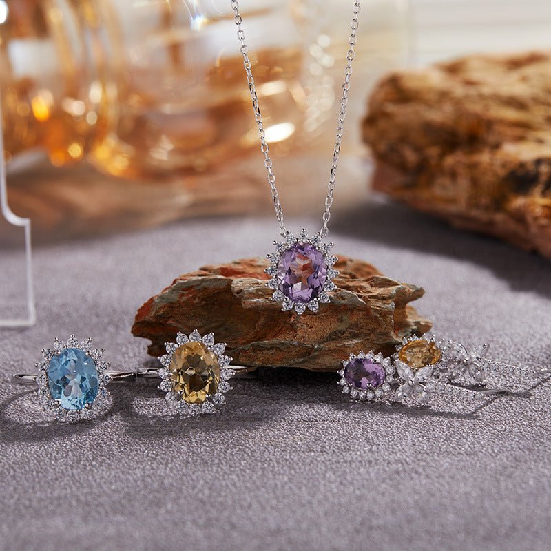 Silver Sunflower Citrine Necklace Healing Energy Pendant Floral Flower Plant Crystal Necklace