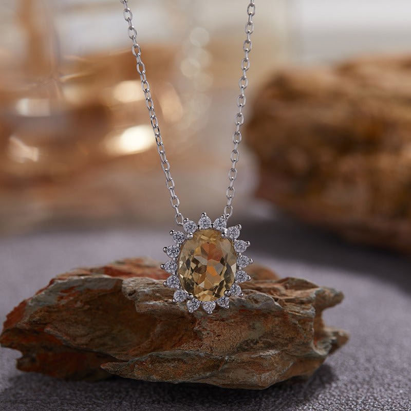 Silver Sunflower Citrine Necklace Healing Energy Pendant Floral Flower Plant Crystal Necklace