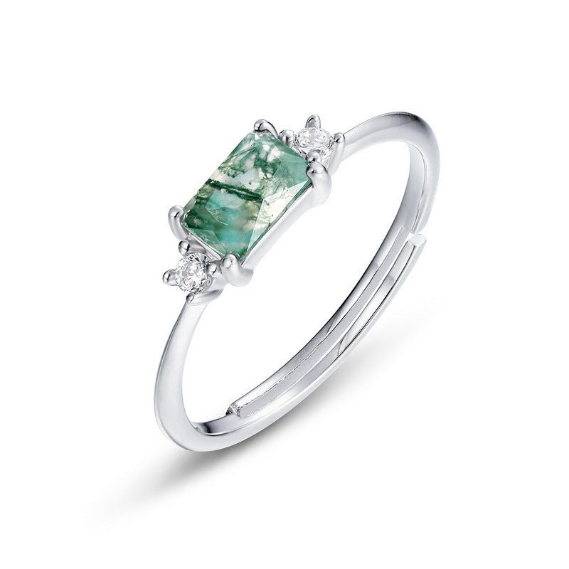 Simple Rectangle Solitaire Green Moss Agate Ring - Adjustable Minimalist Ring in 925 Sterling Silver