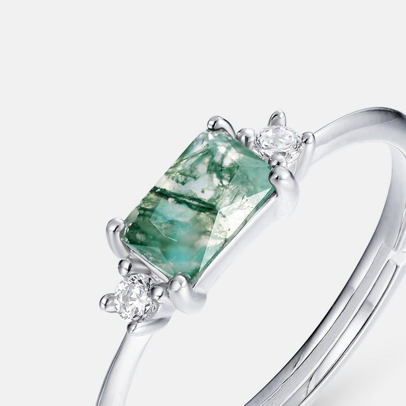 Simple Rectangle Solitaire Green Moss Agate Ring - Adjustable Minimalist Ring in 925 Sterling Silver