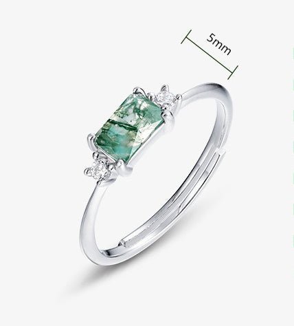 Simple Rectangle Solitaire Green Moss Agate Ring - Adjustable Minimalist Ring in 925 Sterling Silver