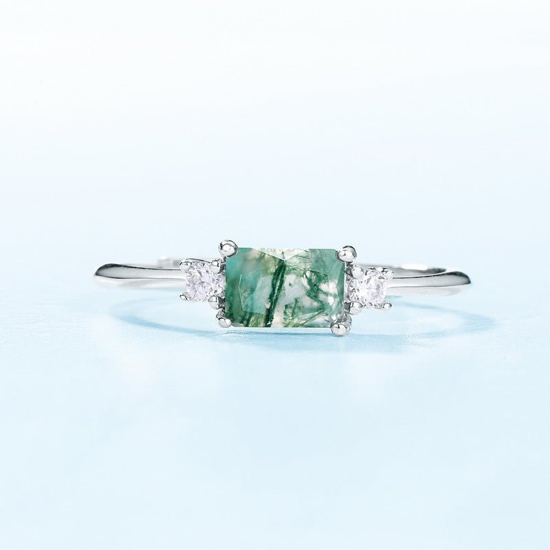 Simple Rectangle Solitaire Green Moss Agate Ring - Adjustable Minimalist Ring in 925 Sterling Silver