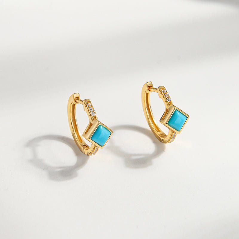 Simple Turquoise Huggie Hoop Earrings, Square Turquoise Sterling Silver Earrings, Gift For Her