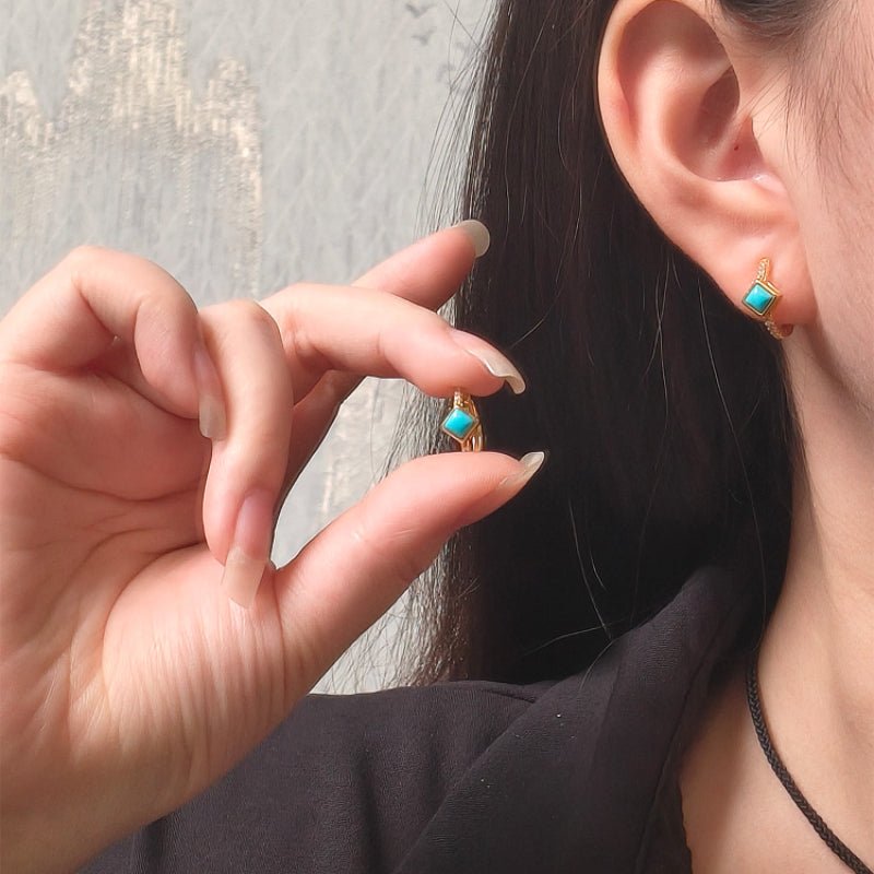 Simple Turquoise Huggie Hoop Earrings, Square Turquoise Sterling Silver Earrings, Gift For Her