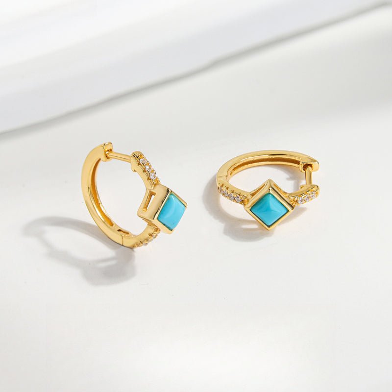 Simple Turquoise Huggie Hoop Earrings, Square Turquoise Sterling Silver Earrings, Gift For Her