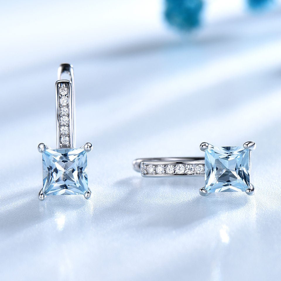 Square Natural Sky Blue Topaz Earrings 925 Silver Earrings Wedding Gift for Her