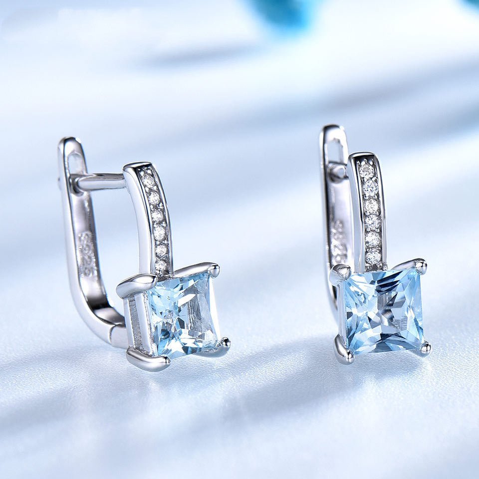 Square Natural Sky Blue Topaz Earrings 925 Silver Earrings Wedding Gift for Her