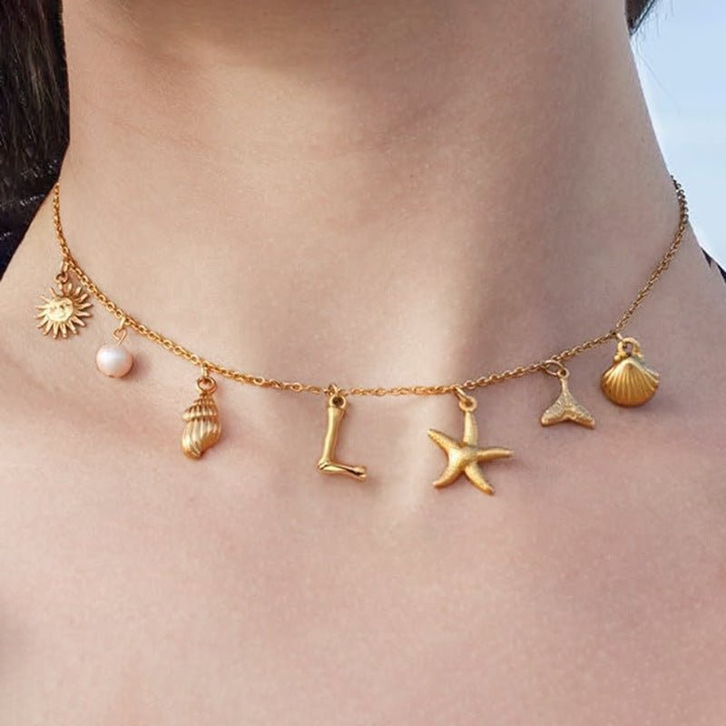 Surfer Girl Initial Necklace Waterproof Boho Gift for Women Non-Tarnish Adjustable Beach Jewelry