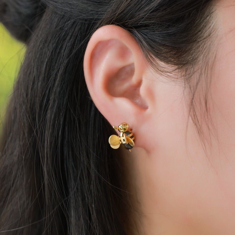 Tiger Eye Stone Studs Earrings 925 Silver Bee Cute Exquisite Small Stud Earrings Hand Brushed