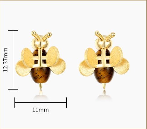 Tiger Eye Stone Studs Earrings 925 Silver Bee Cute Exquisite Small Stud Earrings Hand Brushed