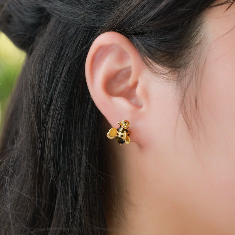 Tiger Eye Stone Studs Earrings 925 Silver Bee Cute Exquisite Small Stud Earrings Hand Brushed