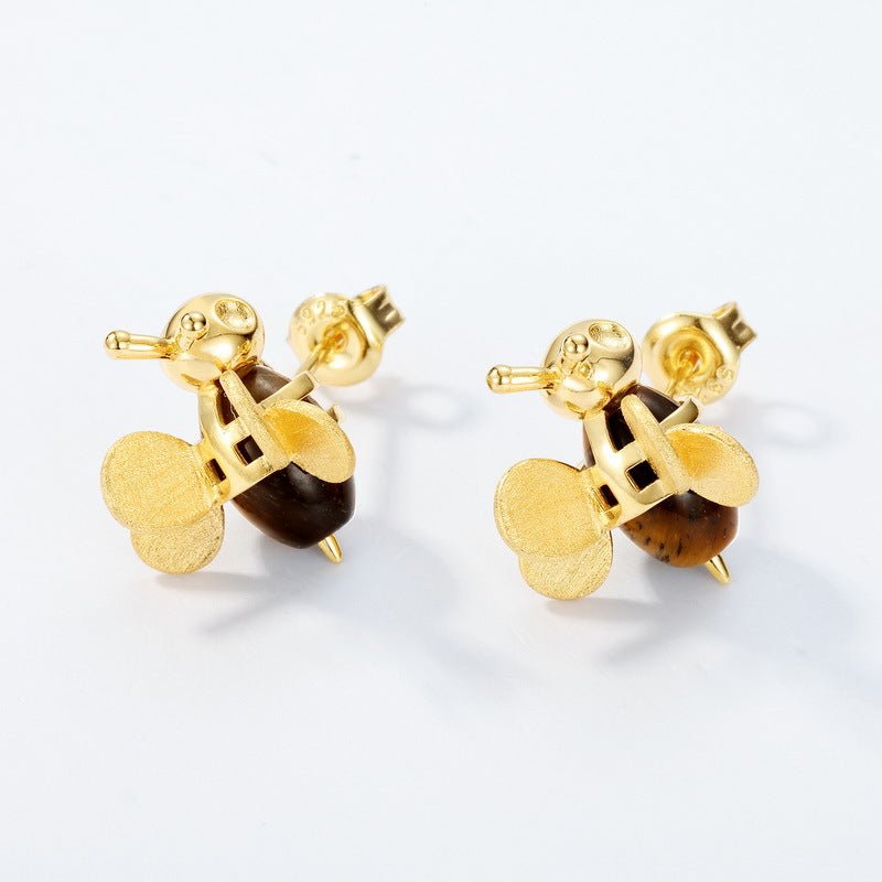Tiger Eye Stone Studs Earrings 925 Silver Bee Cute Exquisite Small Stud Earrings Hand Brushed