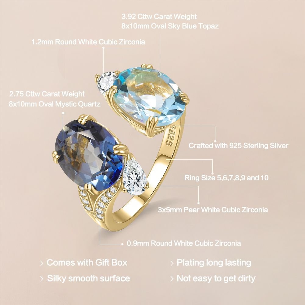 Toi et moi Natural Topaz Crystal Ring 925 Sterling Silver Engagement Anniversary Gift for Her