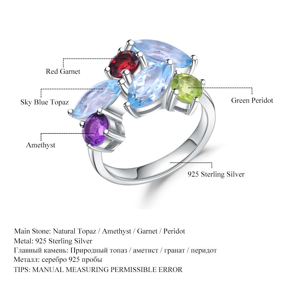Topaz Garnet Amethyst Peridot Ring, 925 Sterling Silver Vintage Style Jewelry Gift for Her