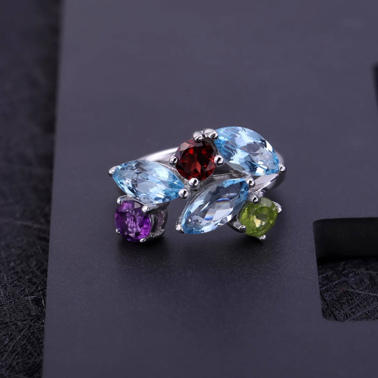 Topaz Garnet Amethyst Peridot Ring, 925 Sterling Silver Vintage Style Jewelry Gift for Her