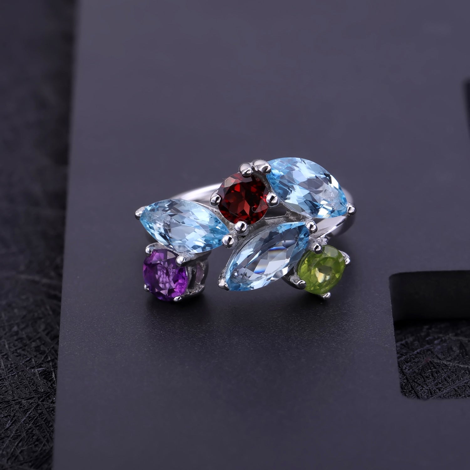 Topaz Garnet Amethyst Peridot Ring, 925 Sterling Silver Vintage Style Jewelry Gift for Her