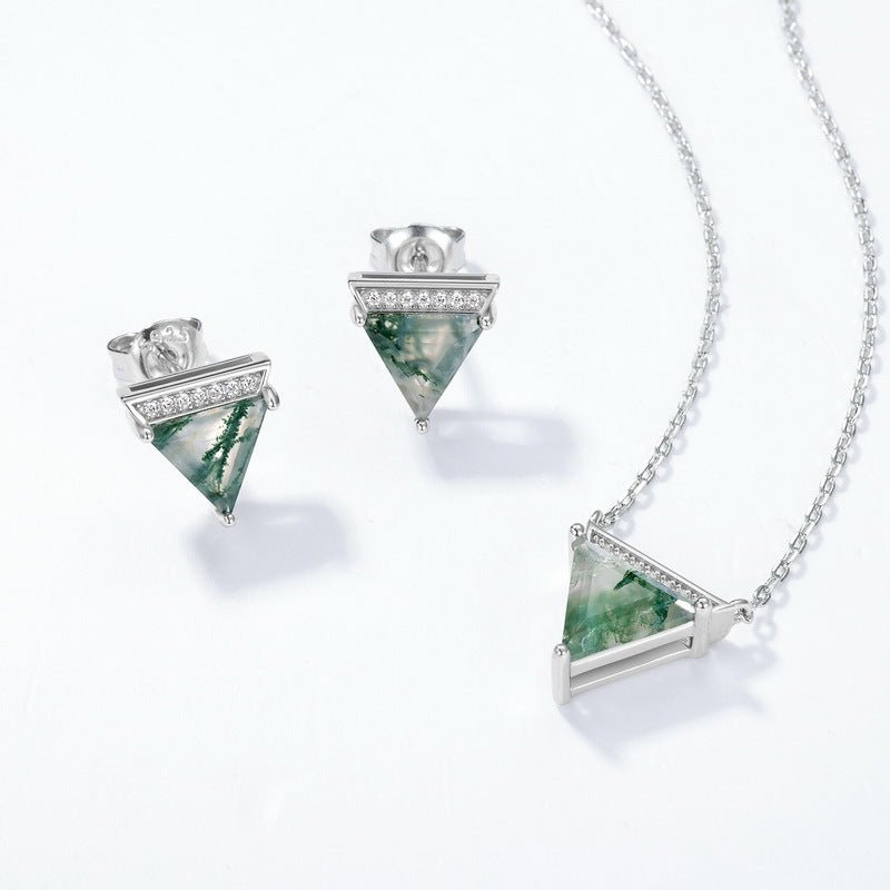 Triangular Green Moss Agate Stud Earrings | 925 Sterling Silver Minimalist Jewelry