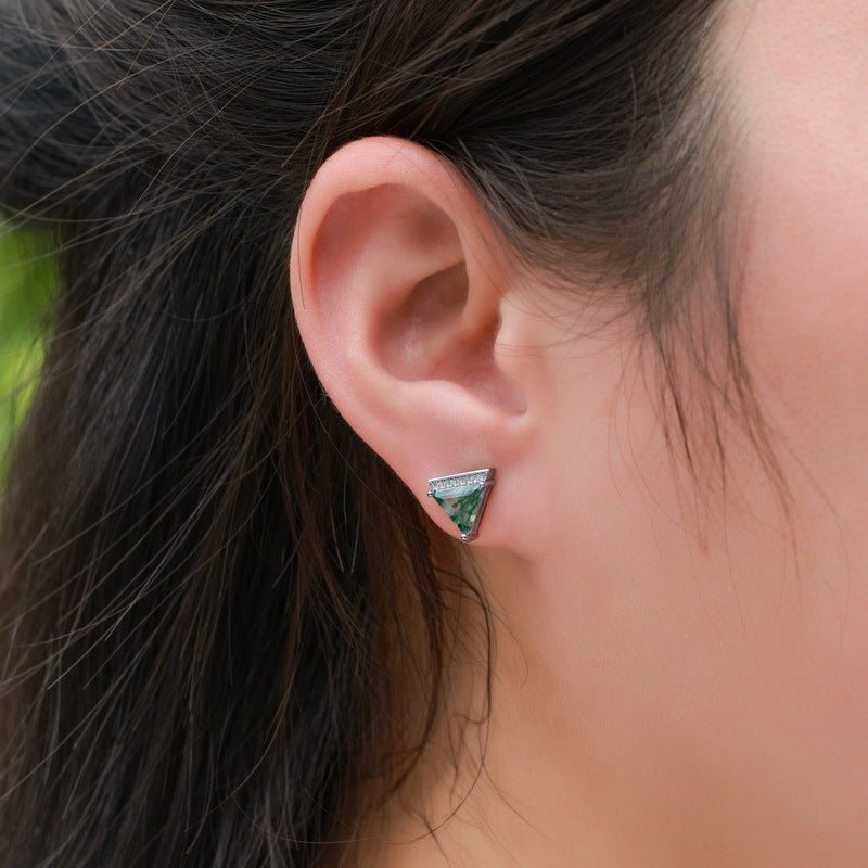 Triangular Green Moss Agate Stud Earrings | 925 Sterling Silver Minimalist Jewelry