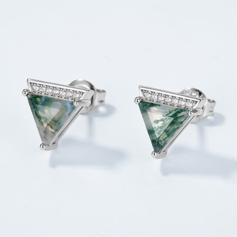 Triangular Green Moss Agate Stud Earrings | 925 Sterling Silver Minimalist Jewelry