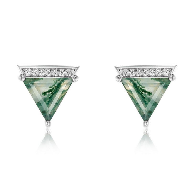 Triangular Green Moss Agate Stud Earrings | 925 Sterling Silver Minimalist Jewelry