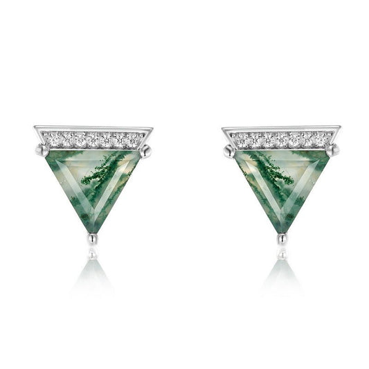 Triangular Green Moss Agate Stud Earrings | 925 Sterling Silver Minimalist Jewelry