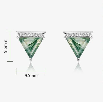 Triangular Green Moss Agate Stud Earrings | 925 Sterling Silver Minimalist Jewelry