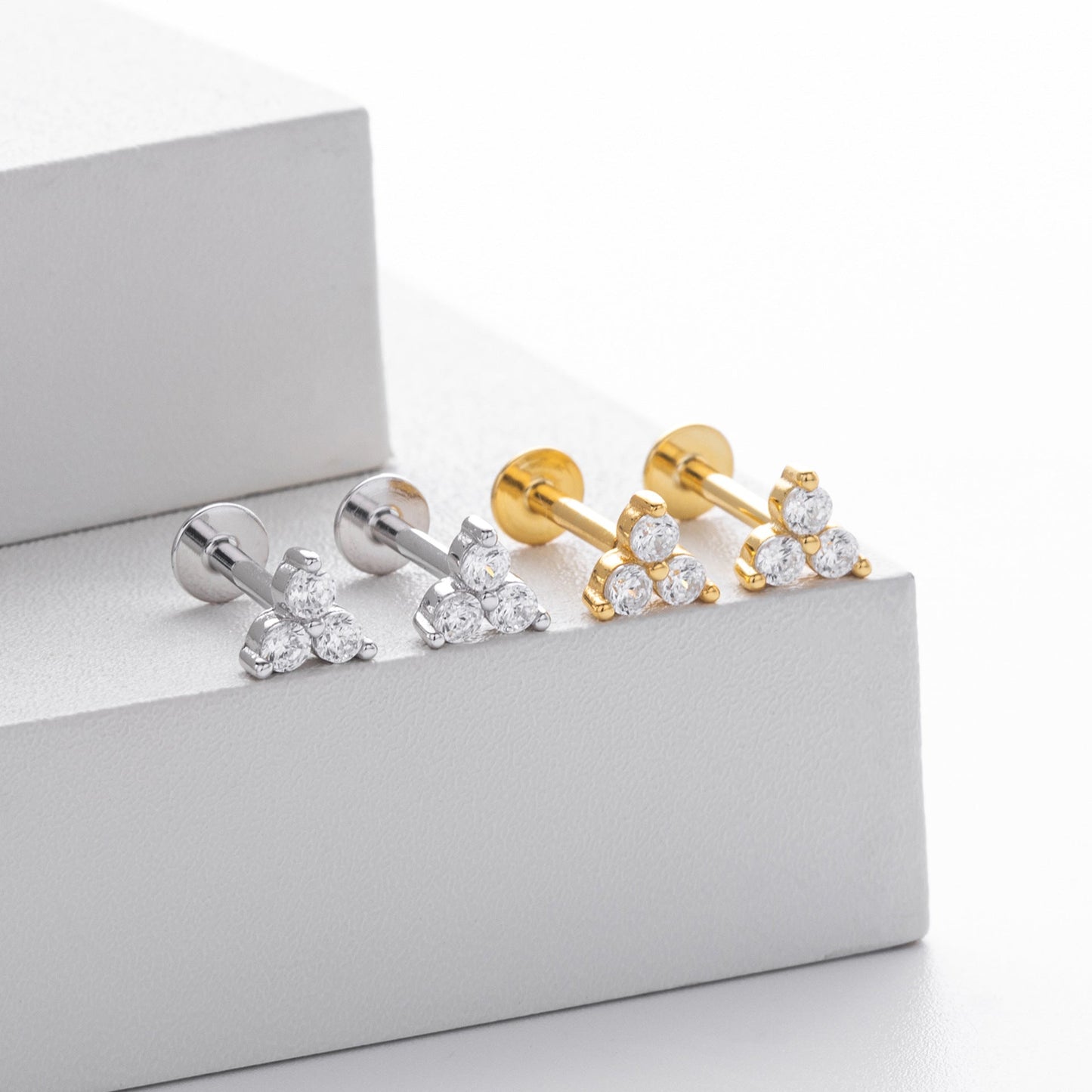 Trio CZ Stud Earrings | Internally Threaded Flat Back | 925 Sterling Silver