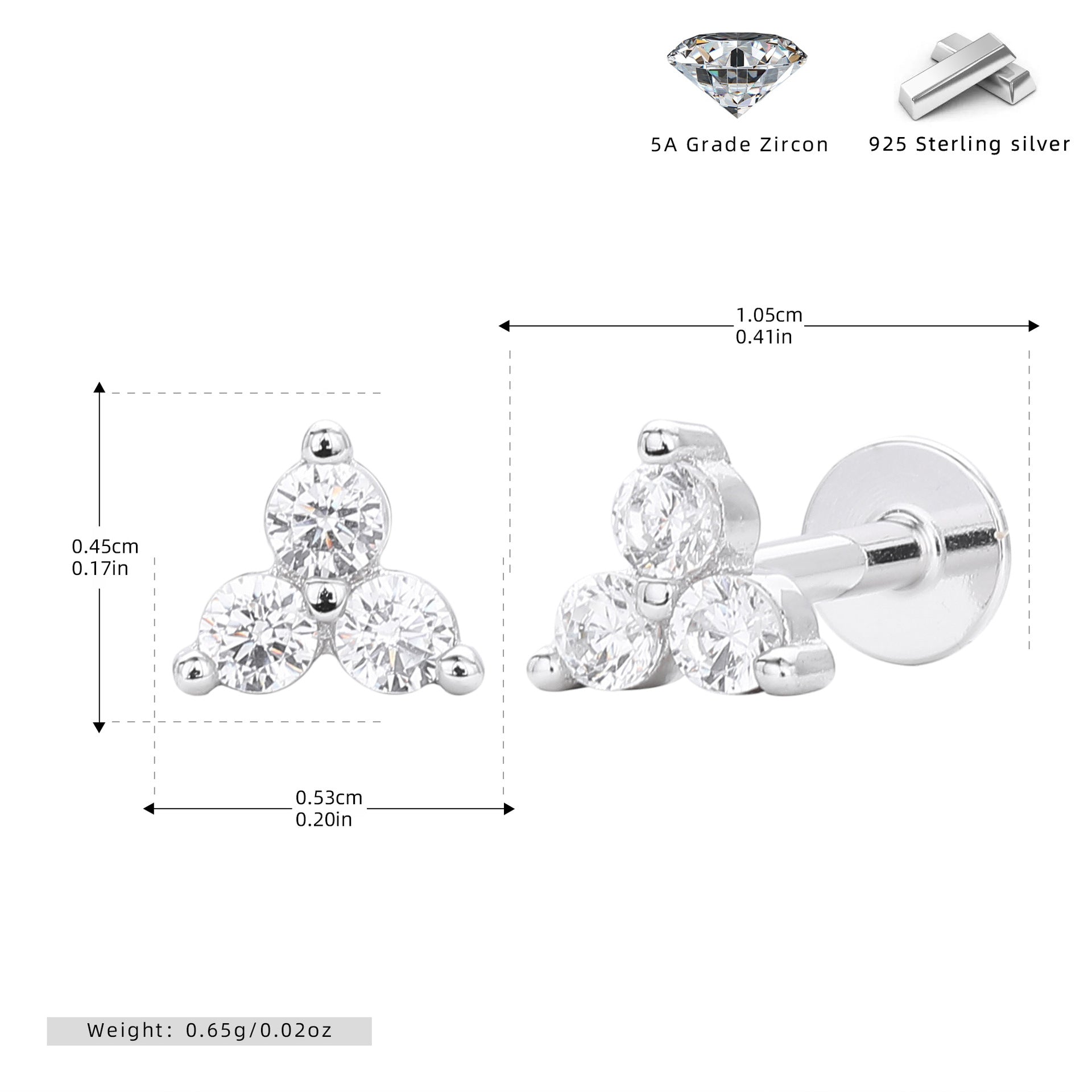 Trio CZ Stud Earrings | Internally Threaded Flat Back | 925 Sterling Silver