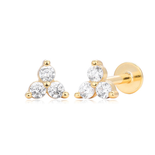 Trio CZ Stud Earrings | Internally Threaded Flat Back | 925 Sterling Silver