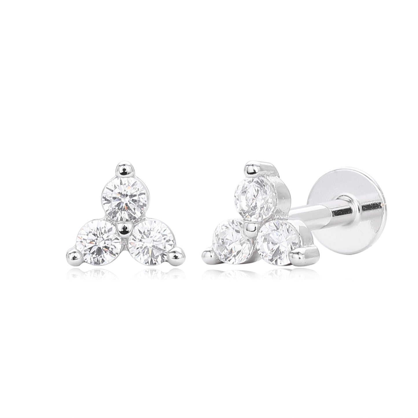 Trio CZ Stud Earrings | Internally Threaded Flat Back | 925 Sterling Silver