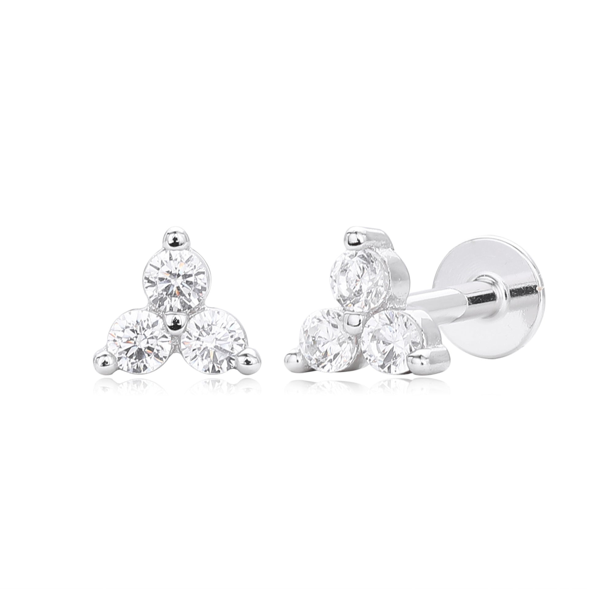 Trio CZ Stud Earrings | Internally Threaded Flat Back | 925 Sterling Silver