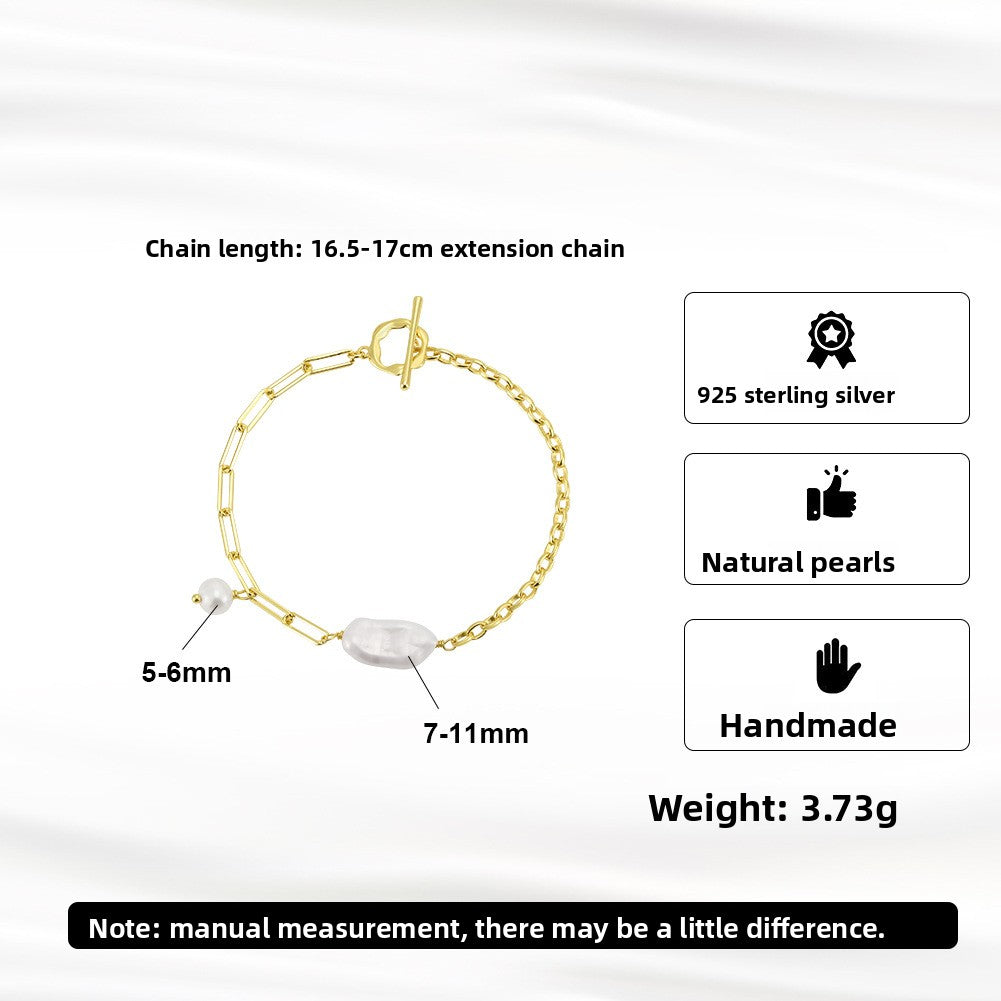 French Baroque Pearl OT Buckle Splicing 925 Sterling Silver Bracelet