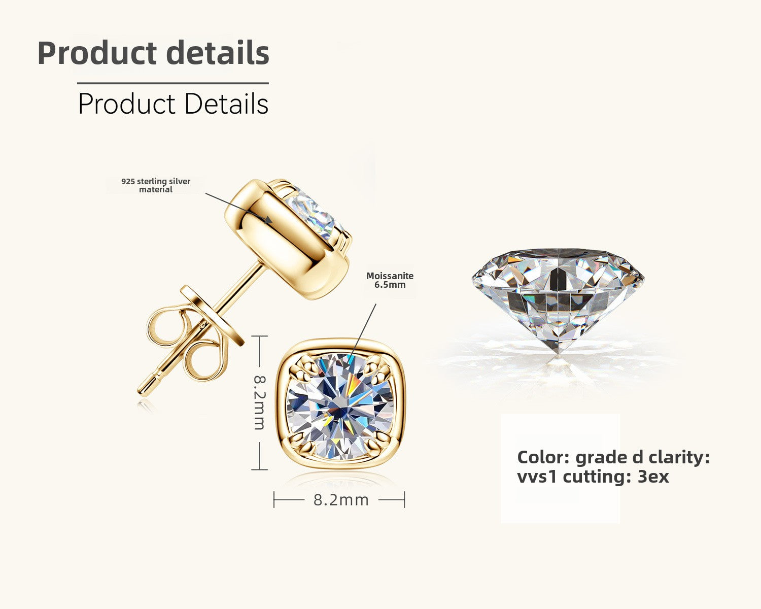 925 Sterling Silver Moissanite 2 Carat Square Stud Earrings Female