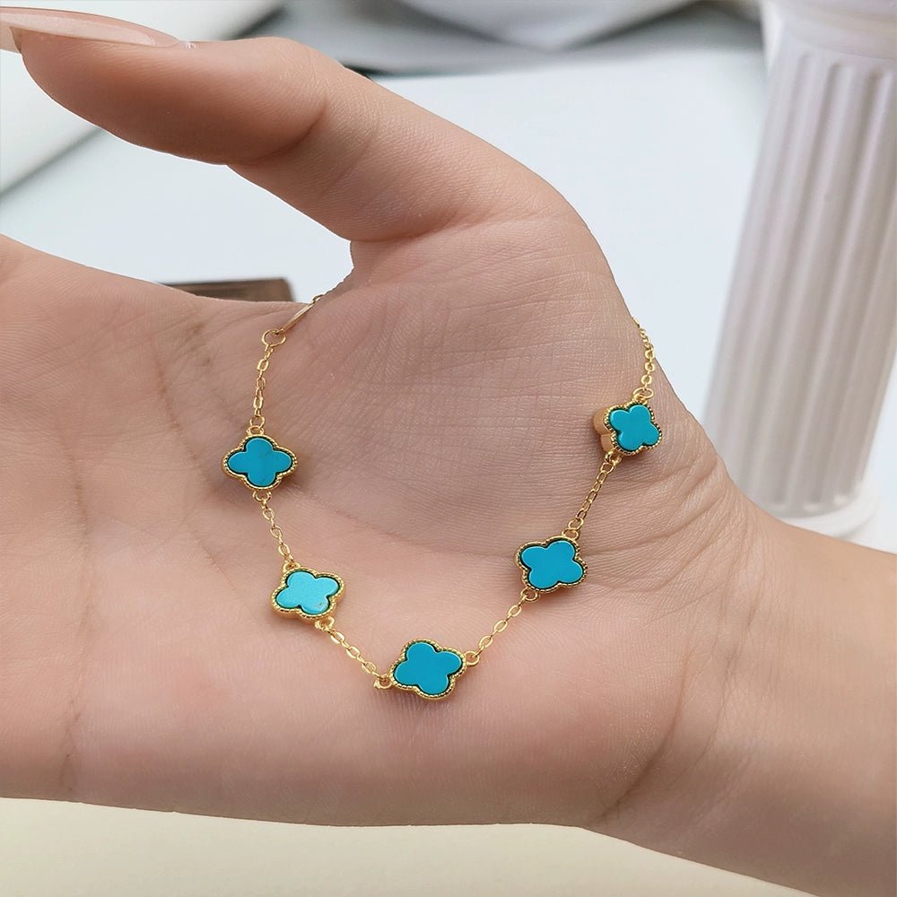 Turquoise Clover Charm Bracelet | 925 Silver & 18K Gold Plated | Lucky Gift for Her