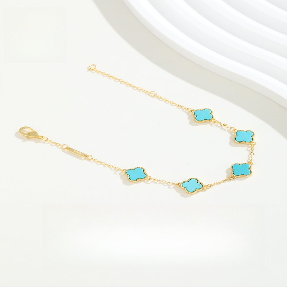 Turquoise Clover Charm Bracelet | 925 Silver & 18K Gold Plated | Lucky Gift for Her