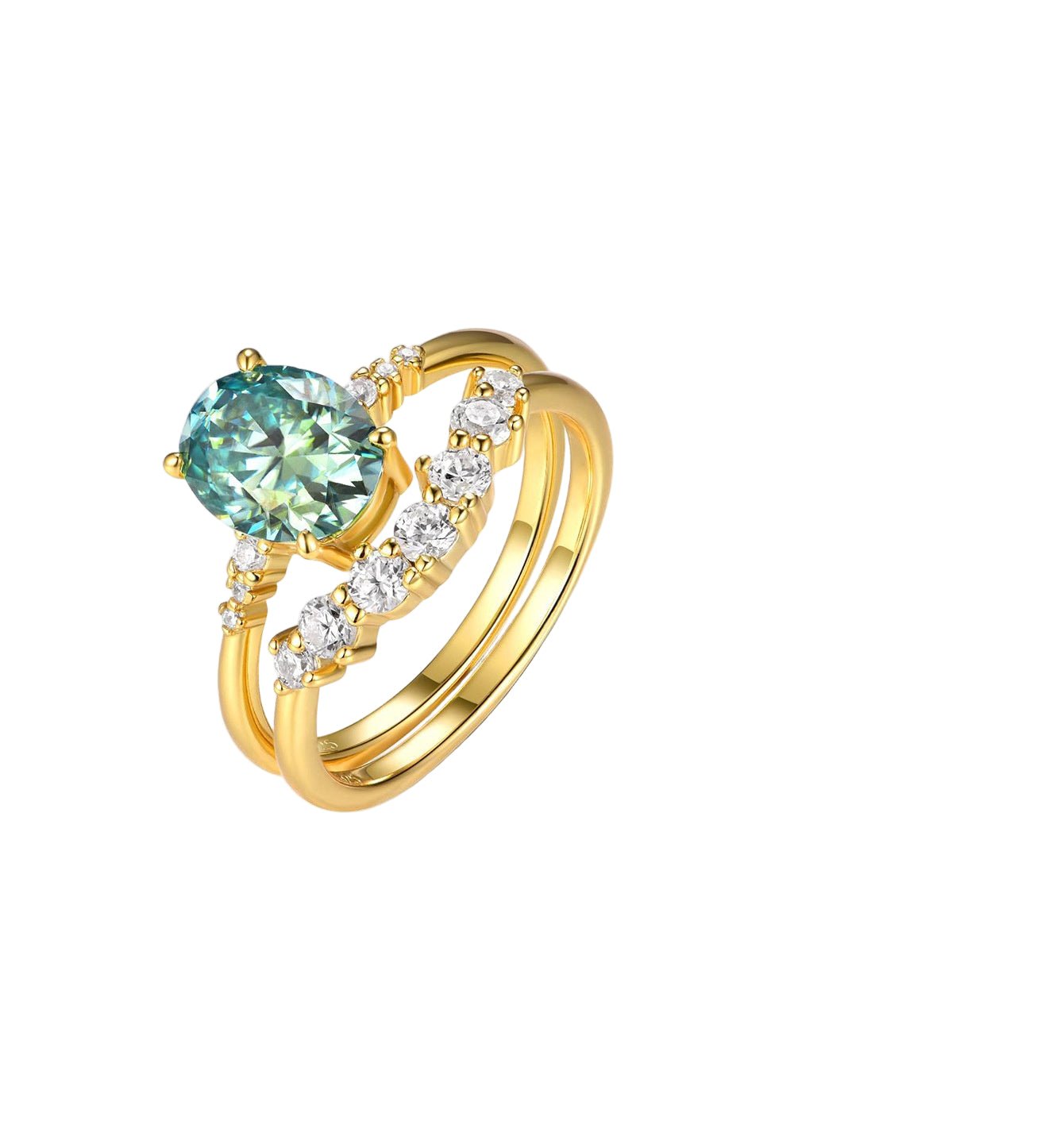 Unique Oval Green Moissanite Ring Sterling Silver Bridal Stacking Set