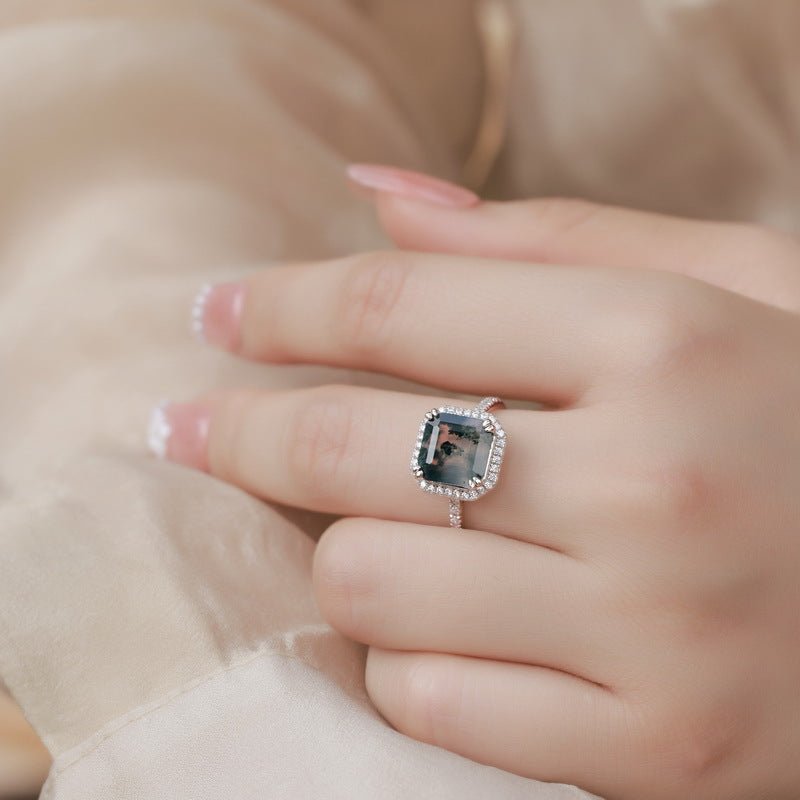 Vintage Cushion Geniune Green Moss Agate Ring Halo 925 Sterling Silver Ring Gift for Her