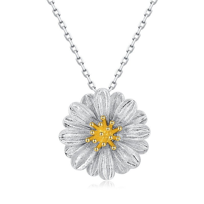 Vintage Daisy Pendant Necklace - Italian Brush Finish, 925 Silver Gold Plated