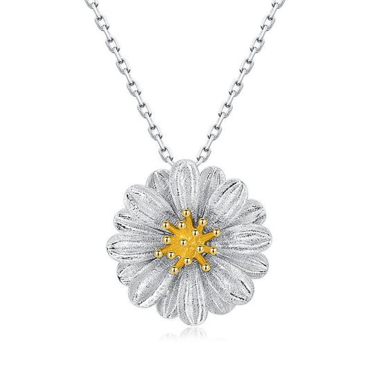 Vintage Daisy Pendant Necklace - Italian Brush Finish, 925 Silver Gold Plated