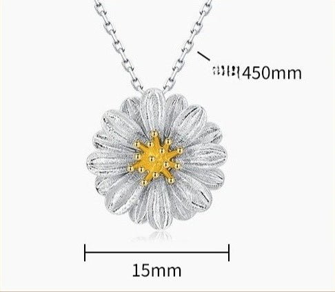 Vintage Daisy Pendant Necklace - Italian Brush Finish, 925 Silver Gold Plated