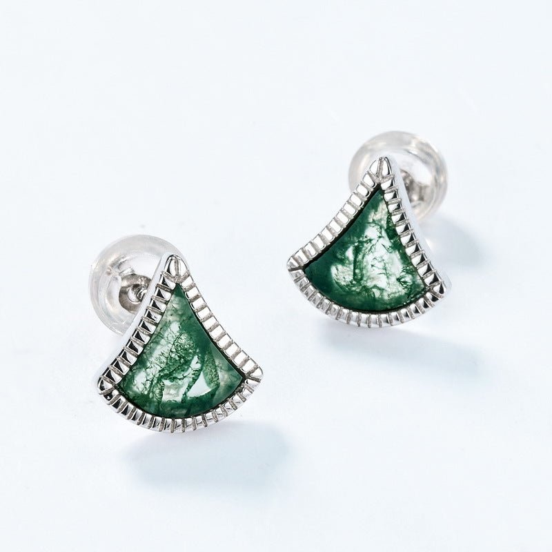 Vintage Fan Green Moss Ginkgo Biloba Stud Earrings | 925 Sterling Silver