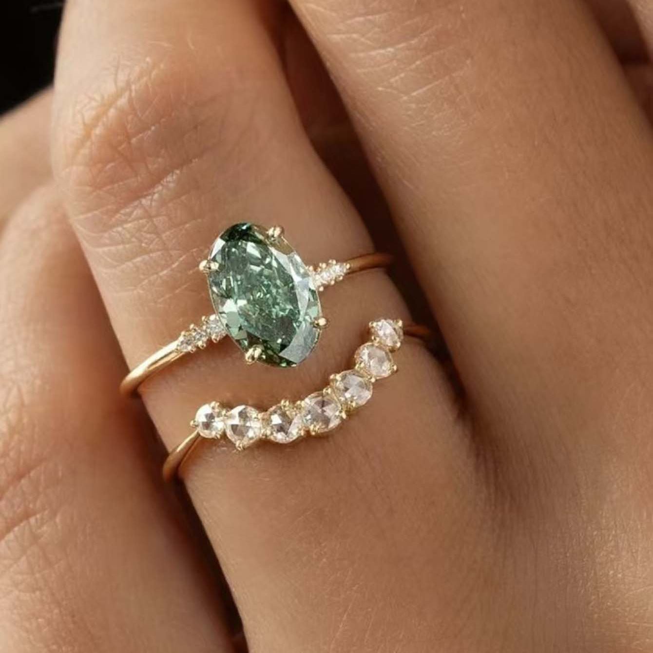 Vintage Green Oval Moissanite Ring Set - 2CT Antique Style Bridal Set in Gold & White Gold