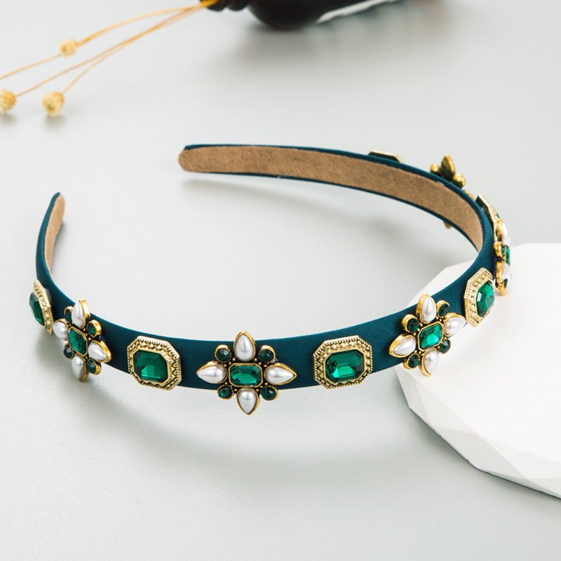 Vintage Headband Gemstone Rhinestone Embellishment, Hand beaded Headband, Black, Rose, Green, off - White