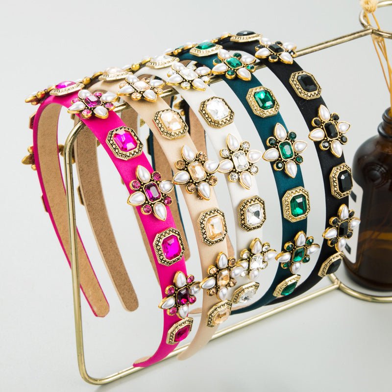 Vintage Headband Gemstone Rhinestone Embellishment, Hand beaded Headband, Black, Rose, Green, off - White