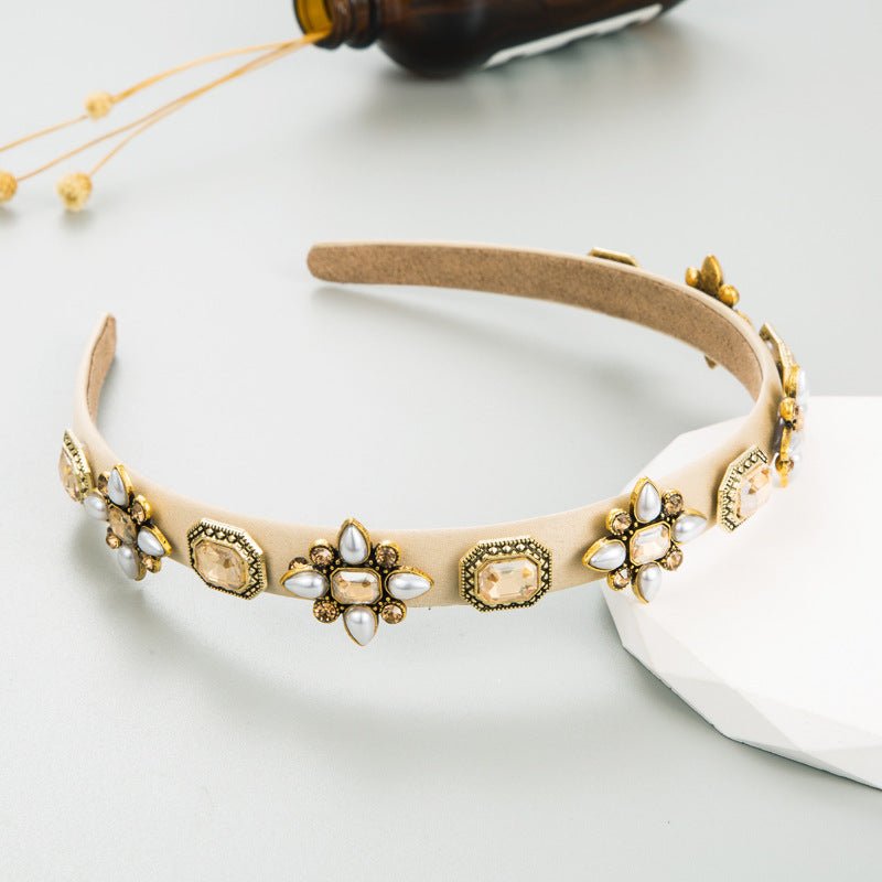 Vintage Headband Gemstone Rhinestone Embellishment, Hand beaded Headband, Black, Rose, Green, off - White