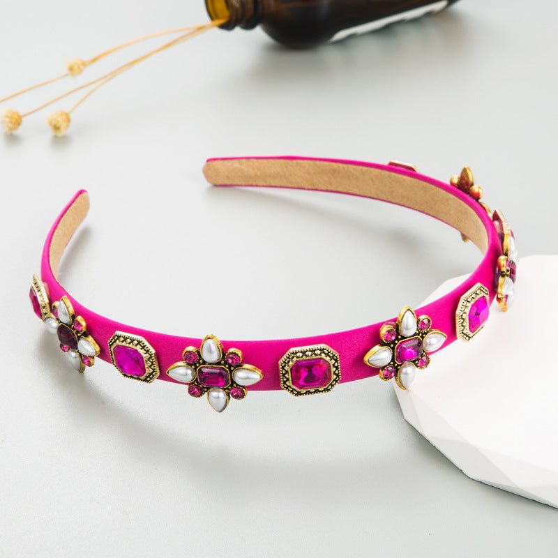 Vintage Headband Gemstone Rhinestone Embellishment, Hand beaded Headband, Black, Rose, Green, off - White