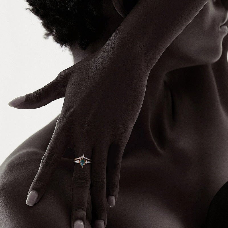 Vintage Kite Cut Green Moss Agate Engagement Ring Set Marquise Cut Diamond Ring Bridal Wedding Gift