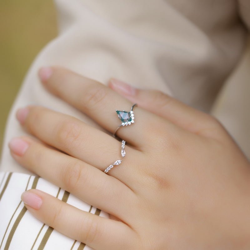 Vintage Kite Cut Green Moss Agate Engagement Ring Set Women Unique Bridal Wedding Ring Set Gift